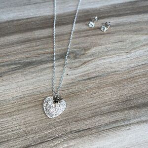 Heart & Bee W/ Pave Rhinestones In Silver Tone Matching Honeycomb Stud Earrings